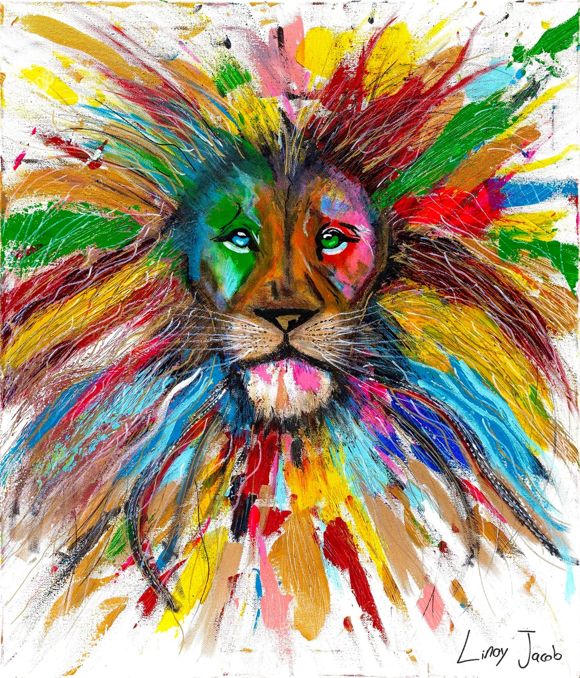 Colorful lion painting by Linoy Jacob featuring bold brushstrokes, expressive eyes, and vibrant multicolor mane on canvas.