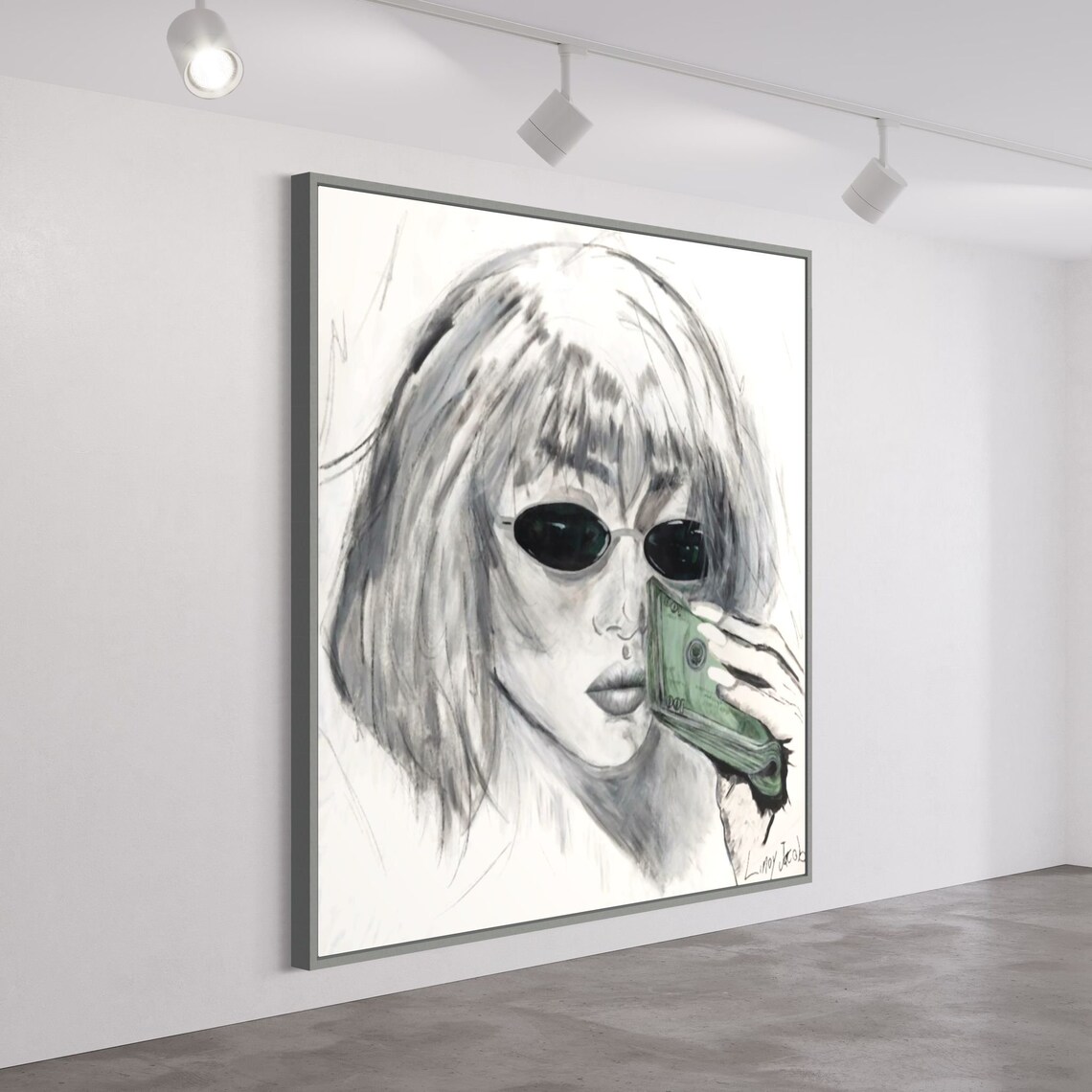 Dollar Sign Black & White painting on white wall, modern art interior design