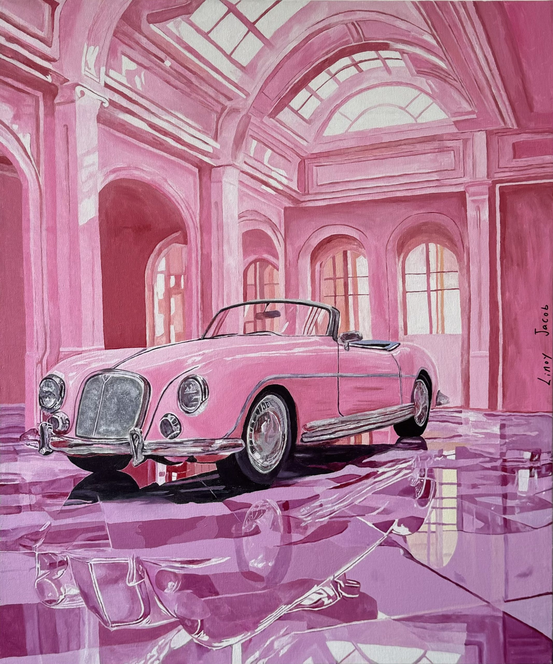 Luxury pink car painting by Linoy Jacob – New Money Edition artwork