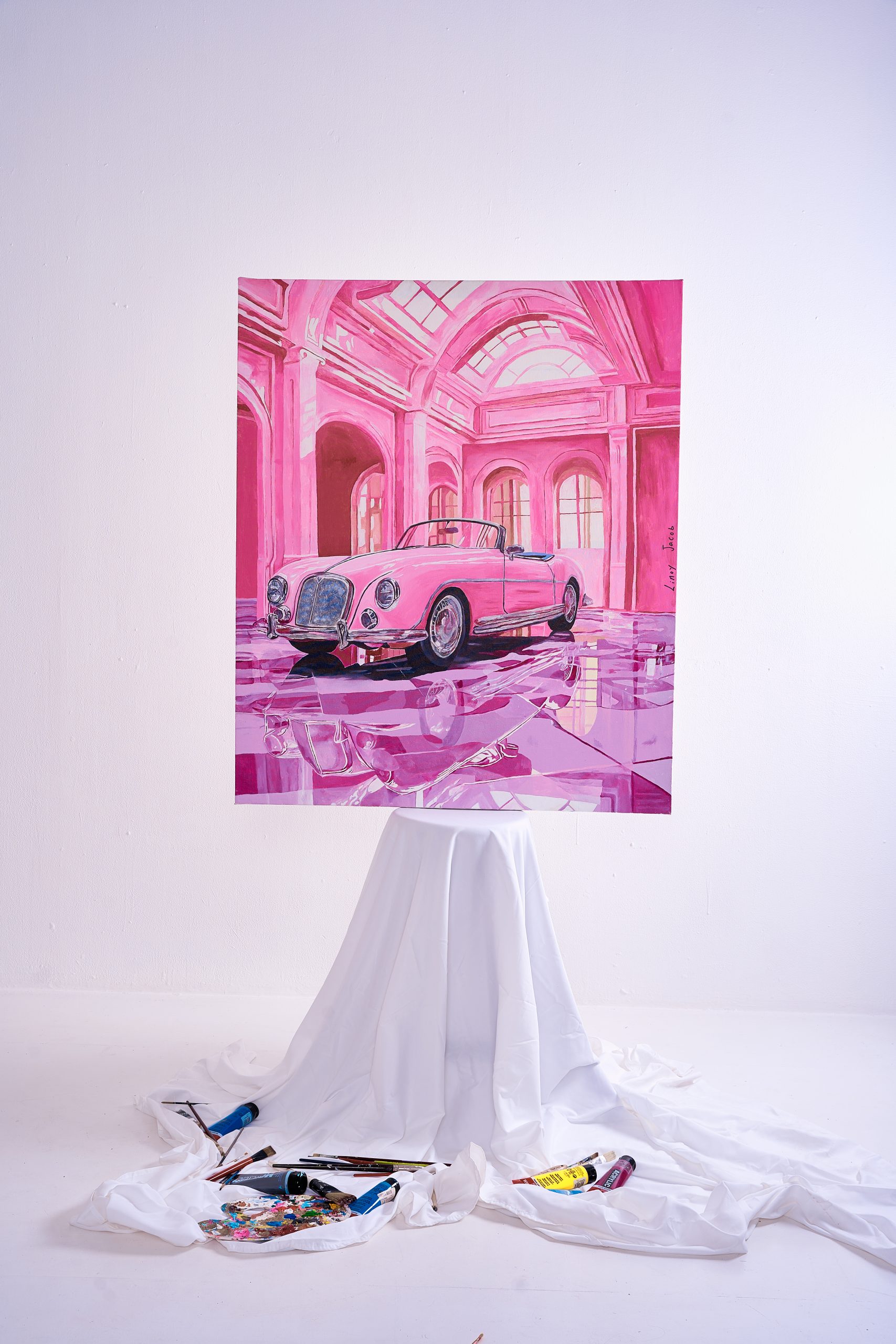 Pink luxury car artwork on canvas – contemporary statement art by Linoy Jacob